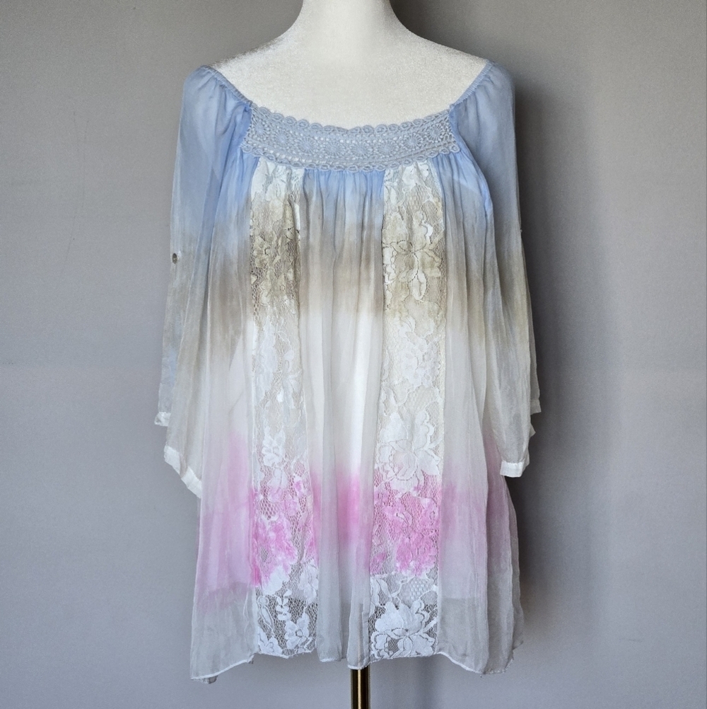 Fantazia 100% Silk Ombre Sheer Lace Fairycore Balletcore Whimsy Tunic Top Size M